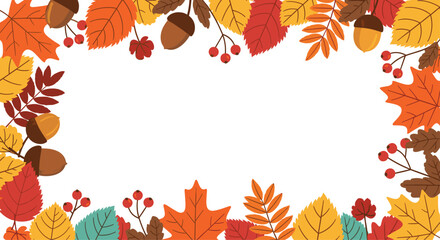 Festive autumn frame gracefully surrounds a pristine white central space adorned with vibrant fall leaves and acorns.