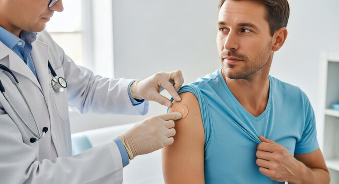 Man Gets Post-Vaccine Patch Applied by Doctor in Clinic - Modern Healthcare, Medical Checkup, Preventative Medicine, Doctor Visit, Immunization Concept