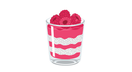 Delightful chia seed pudding with vibrant raspberry layers is elegantly served in a clear glass and topped with fresh raspberries.
