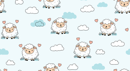 Adorable seamless pattern features cute cartoon sheep standing happily among fluffy clouds and tiny hearts on a gentle blue backdrop.
