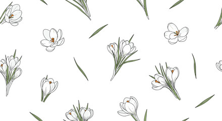 Delicate seamless pattern displays beautiful white crocus flowers with green leaves elegantly rendered in a hand-drawn outline style.