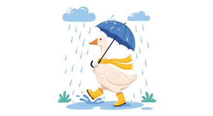 Adorable duck or goose wearing a cozy scarf and holding an umbrella happily splashes through rain puddles on a cloudy day.
