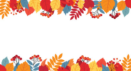 Vibrant autumn frame gracefully surrounds a pristine white central space adorned with a rich array of colorful fall leaves and red berries.