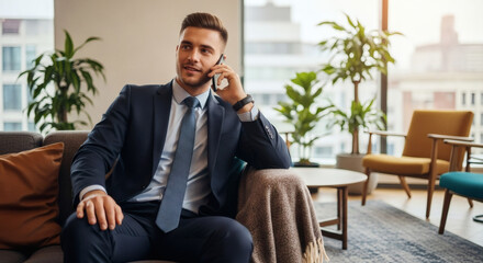 Confident entrepreneur connects with clients by phone in modern, light-filled office, planning strategy and building relationships for business success