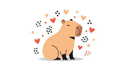 Adorable cartoon capybara sits peacefully surrounded by charming hearts and playful abstract dots against a white background.