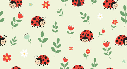 Charming seamless pattern features adorable cartoon ladybugs flying among delicate flowers and green leaves on a soft light green background.