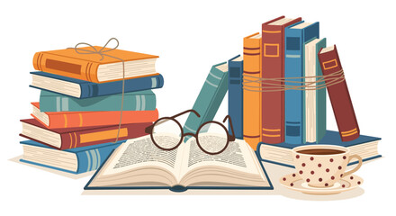 Inviting scene features neatly stacked piles of colorful books an open book with reading glasses and a cozy cup of coffee.