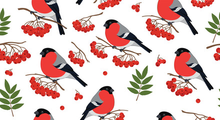 Seamless pattern showcasing vibrant red bullfinch birds perched on branches adorned with bright rowan berries and green leaves.