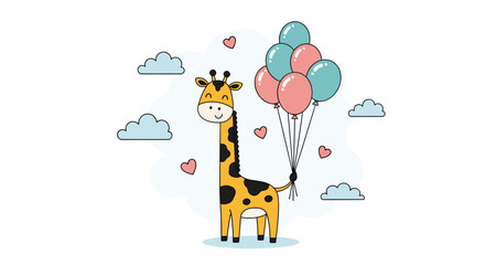 Adorable cartoon giraffe with a cheerful smile holds a colorful bouquet of balloons floating among fluffy clouds and tiny hearts.