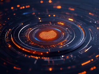 Digital fingerprint scan with glowing elements and futuristic design in dark background