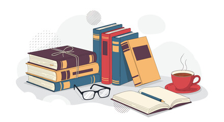 Cozy reading scene with a stack of old books glasses an open book with a pencil and a steaming hot cup of coffee.