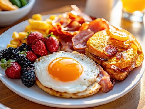 Delicious breakfast platter featuring eggs, bacon, pancakes, fruit, and fresh juice served at a sunny brunch table - Powered by Adobe