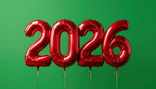 Vibrant red foil balloons with a high-gloss texture shaped as the number 2026, floating against a solid green background for a festive New Year celebration