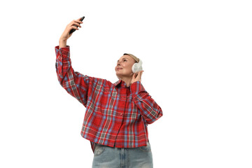 Fototapeta premium Person enjoying music and capturing a selfie, isolated on white, PNG