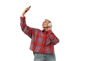 Person enjoying music and capturing a selfie, isolated on white, PNG