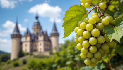 Close-up of green grapes hanging from a vine with a majestic castle in the background, showcasing a picturesque landscape and vibrant natural beauty