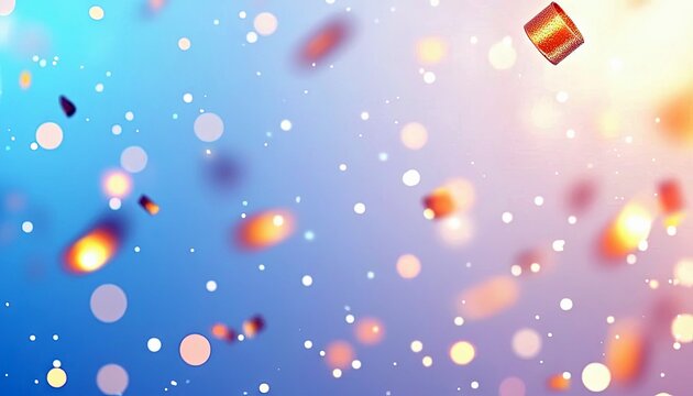 Abstract background with falling confetti and bokeh lights, featuring a gradient of blue to pink and glowing orange elements.