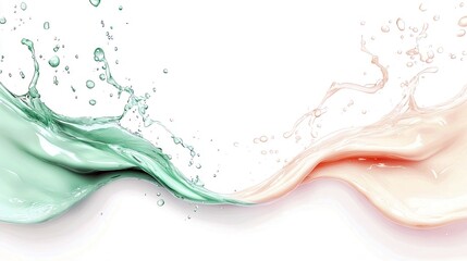 Two streams of liquid, one green and one pink, splashing and interacting against a clean white background with droplets suspended in the air.