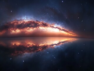 Fototapeta premium Vibrant cosmic scene reflecting on still water under a starry sky