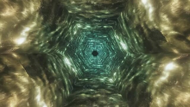 A journey through a futuristic hexagonal space tunnel. Abstract motion background with shifting colors. Sci-fi wormhole or portal animation