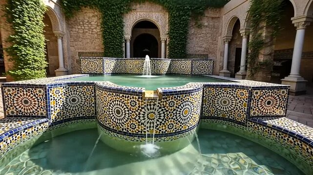 Tranquil Moorish Fountain with Intricate Mosaic Tiles in a Sunlit Courtyard.