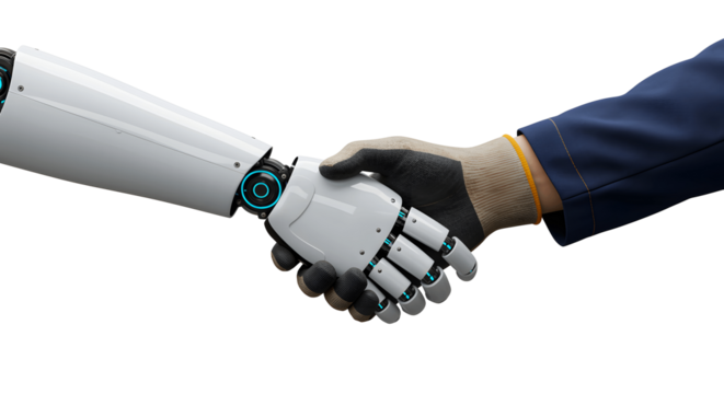 AI Robot and Warehouse Worker Handshake Close-Up Isolated on transparent background	