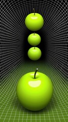 Four bright green apples are arranged in a vertical line, receding into a dark, tunnel-like environment with a white grid pattern. The lighting is dramatic and