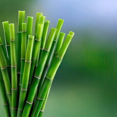 A close-up shot of vibrant green bamboo stalks, bundled together and angled upwards. The background is a soft, out-of-focus blend of green and blue, creating a