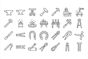 Blacksmith anvil and hammer metal forging tool vector set