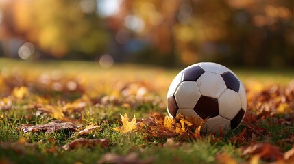 A soccer ball sits nestled in a bed of colorful autumn leaves on a sunny day. The ball shows a classic black and white pattern in a vibrant outdoor setting. Nostalgic scene of fall.