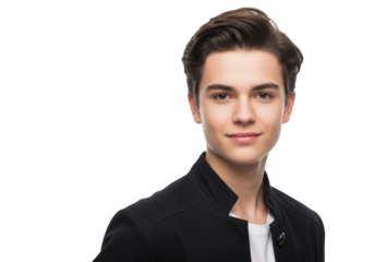 A portrait of a young man in a black jacket and white shirt, black, face, jacket, man, portrait, pose, smile, wear 