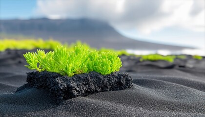 A vibrant green plant sprouts from a dark volcanic rock, set against a backdrop of black sand dunes and a hazy mountain under a cloudy sky.