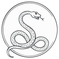 Fototapeta premium Simple line art illustration of a coiled snake with flicking tongue contained within a double circular border