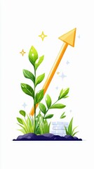 A vibrant green plant sprouts from the soil, with an upward-pointing orange arrow and a stack of coins beside it, suggesting financial growth and success.