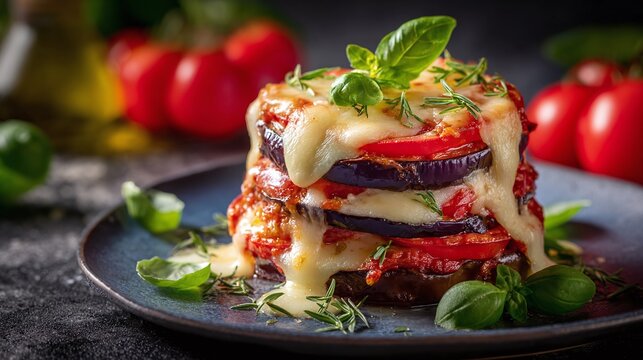 Layers of roasted eggplant, tomatoes, and cheese create a delicious dish. Garnished with basil and rosemary, it's a visual treat. This dish highlights Mediterranean flavors.