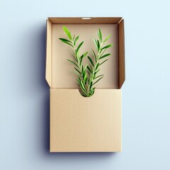 A sprig of fresh green rosemary sprouts from an open cardboard box, set against a plain light blue background. The image is viewed from directly above, with sof