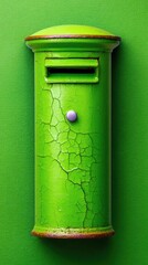 A vibrant green, vintage-style postbox with a cracked paint texture and a small purple button, set against a textured green wall. The lighting is bright and eve