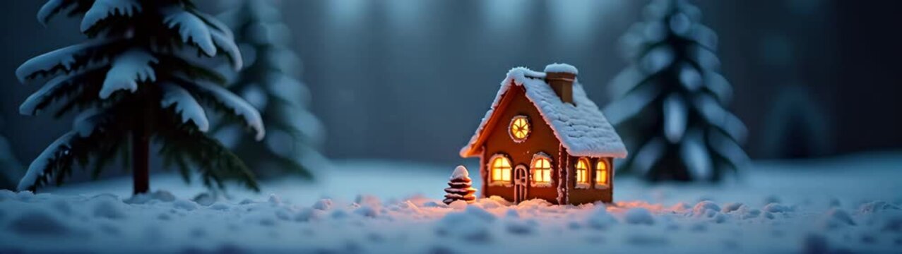 Small gingerbread house with a christmas tree in the snow