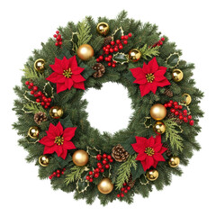 A traditional christmas wreath with poinsettias, holly berries, and gold baubles isolated on a white background. Elegant christmas decoration concept