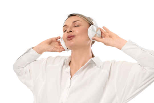 Woman with closed eyes delighting in music, isolated on white, PNG