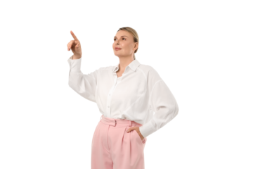 Woman points with an outstretched finger, isolated on white, PNG