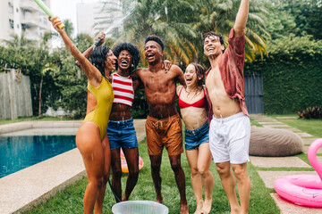Friends celebrate at pool party