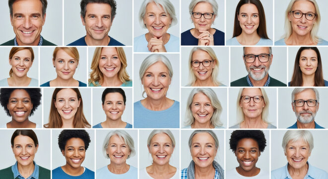 Diverse group smiling, a collage of genuine happiness, portrait of people of all ages showcasing positivity and unity, capturing genuine smiles, bright and cheerful