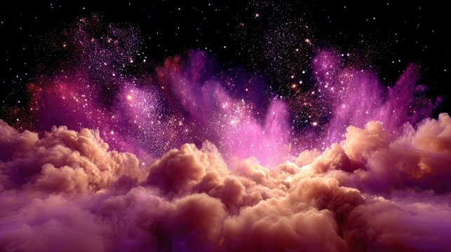 A vibrant cosmic nebula with swirling clouds of pink and purple, illuminated by countless stars against a dark night sky. - Powered by Adobe