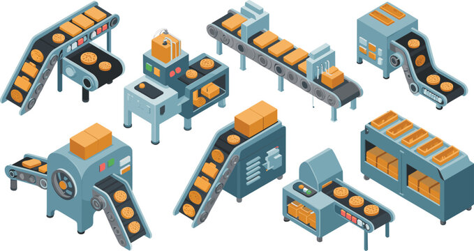Isometric food processing conveyor machines with cookies and boxes, 3D factory production line equipment, automated bakery manufacturing system