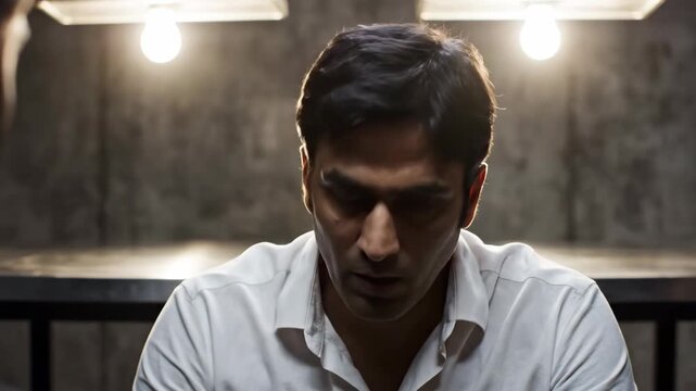 Dramatic close-up of a suspect during a police interrogation. A tired and worried man answers questions under pressure. Criminal justice scene