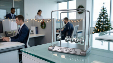 Holiday Office Energy with Newton’s Cradle and Festive Christmas Decor