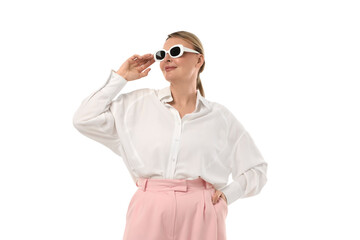 Woman poses confidently in a stylish outfit, isolated on white, PNG