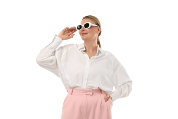 Woman poses confidently in a stylish outfit, isolated on white, PNG