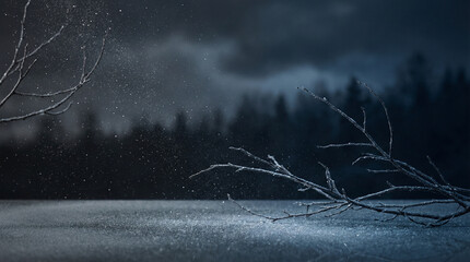 Moody Winter Landscape with Snowfall and Dark Forest Silhouette